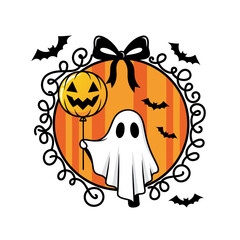 Cute Halloween Ghost Holding a Pumpkin Balloon with Bats Around a Decorative Frame