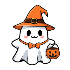 Adorable Halloween Ghost Holding a Pumpkin Candy Bucket, Perfect for Festive Decorations and Spooky Celebrations