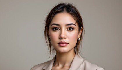 Portrait of a Confident Young Woman in Professional Attire Against a Light Brown Background