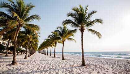 Fototapeta premium Lush Palm Trees Lining a Serene Beach with Soft Sand and Clear Blue Ocean Under a Sunny Sky