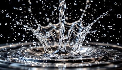 Closeup of Water Splashing on Dark Background Creating Ripples and Droplets