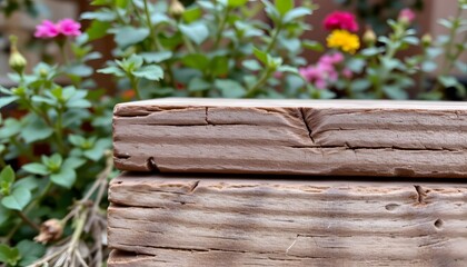 Rustic Wooden Plank with Detailed Texture Against a Vibrant Flower Garden Background