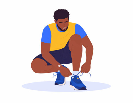 Illustration of a man tying his shoelaces, wearing athletic clothes, squatting.