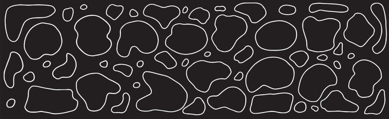 Set of abstract, rounded white outline figures of various sizes, hand-drawn on a black background, for creative designs. Grunge style