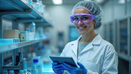 Female scientist uses digital tablet in lab. Woman wears protective glasses, gloves and lab coat. Researcher works in modern laboratory. She is smiling and looks at the camera in clinic.