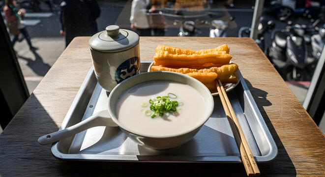 Delicious traditional Taiwanese breakfast with soy milk and fried cruller on a table
