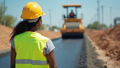 Black engineer oversees roadwork with heavy machinery. Woman wears safety vest, hard hat. Manages asphalt paving, watches road roller on new construction site. Development infrastructure concept.