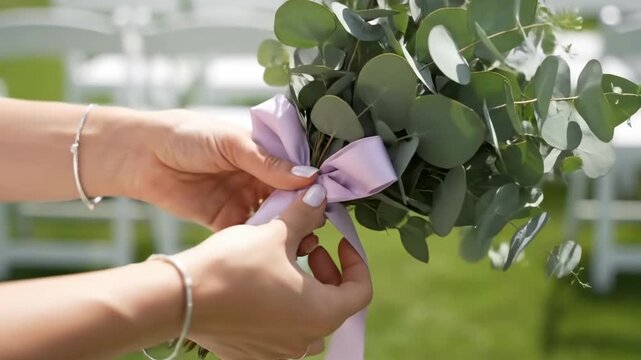 A bride's hands are carefully tying a beautiful light purple ribbon into a delicate bow around a fresh eucalyptus bouquet perfect for a rustic and elegant wedding decoration
