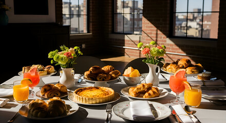 Elegant breakfast table setup with assorted pastries, fruits, and refreshing drinks in sunlight