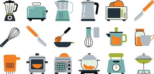 Flat design icons of kitchen appliances and cooking tools