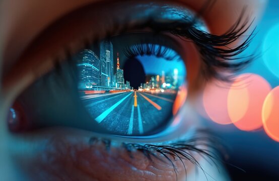 Close up of human eye reflects future city night scene. Bright neon buildings, glowing light trails on urban road. Vision blends reality with advanced tech. Data stream, future navigation, innovation