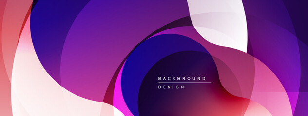 Abstract fluid shapes overlap, creating vibrant purple, pink, white gradients. Modern design evokes movement, depth.