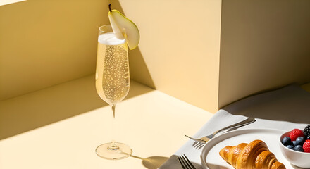Elegant champagne flute with pear slice and breakfast elements on yellow background