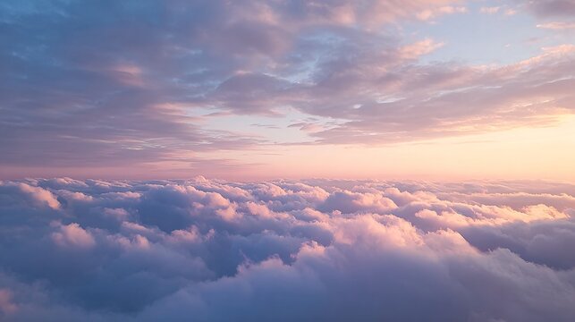 A breathtaking aerial view of a sea of clouds bathed in the soft, pastel hues of a sunrise or sunset, creating a serene and ethereal landscape.