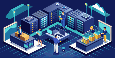 Fototapeta premium Isometric illustration of a modern data center with servers, cloud storage, and people managing digital infrastructure