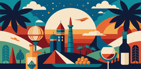 Obraz premium Abstract cityscape with hot air balloon and airplane