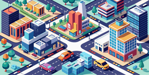 Colorful isometric cityscape with modern buildings, streets, cars and trees creating a vibrant urban environment