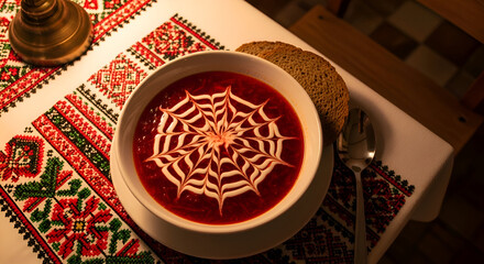 Fototapeta premium Delicious Ukrainian borscht served with bread on decorated table setting food