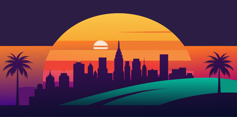 Miami Vice Style Cityscape Sunset Palm Trees skyline
