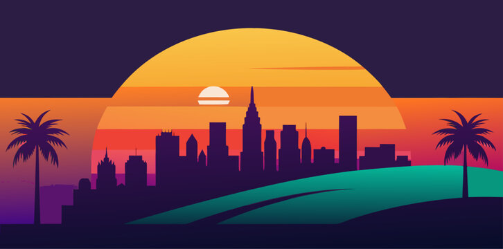 Miami Vice Style Cityscape Sunset Palm Trees skyline