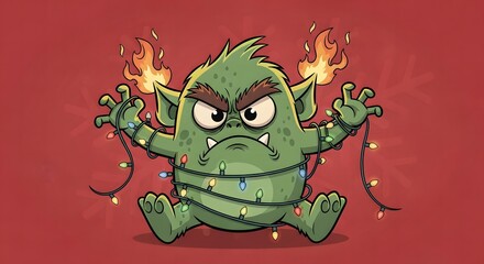A grumpy green cartoon monster is tangled in Christmas lights, with flames coming from its ears.
