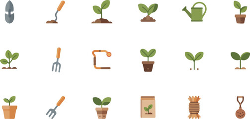 Gardening tools and plant growth flat icons shovel