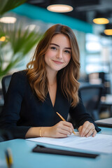 Young woman signing a document at a desk in a modern office
