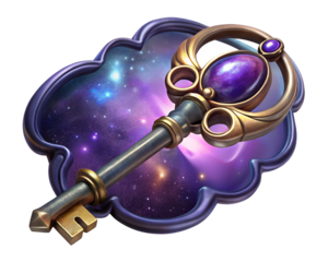 Fantasy key with a cosmic background isolated on transparent background, a magical element for your creative designs