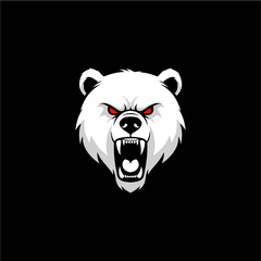 Fierce polar bear head with open mouth and menacing red eyes against black background.