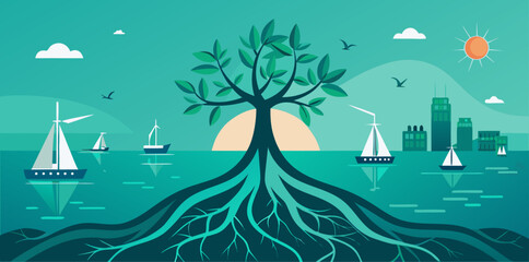 Stylized Tree With Roots Growing Into Ocean With Sailboats Keywords: tree, roots, ocean, water