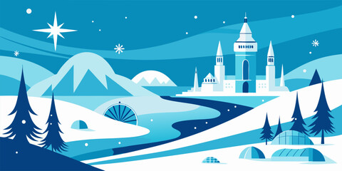 Stylized winter landscape with castle and snow-covered mountains