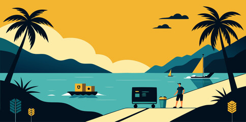 Tropical beach scene with palm trees and boats ocean