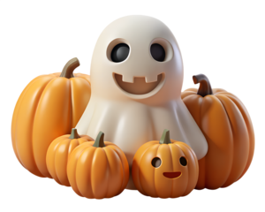 A cute ghost surrounded by pumpkins isolated on transparent background, a festive halloween arrangement