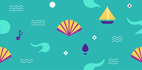 Tropical Pattern with Sailboat, Fan, and Music Note