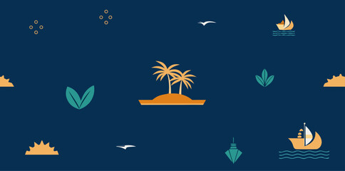 Tropical island and sailboat flat design pattern palm trees