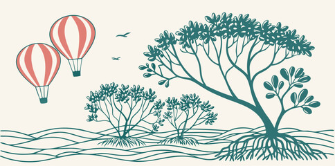 Two Hot Air Balloons Flying Over Stylized Landscape With Trees