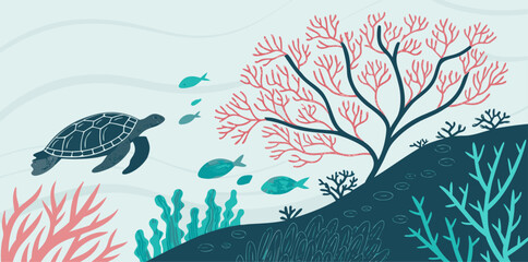 Underwater Scene with Sea Turtle and Coral Reef fish