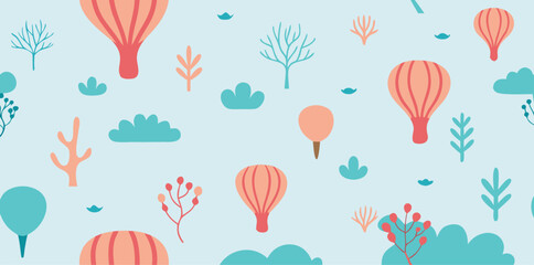 Whimsical Pattern Of Hot Air Balloons And Stylized Nature Elements