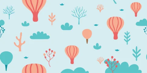 Fotobehang Luchtballon Whimsical Pattern Of Hot Air Balloons And Stylized Nature Elements  © Rushna akter