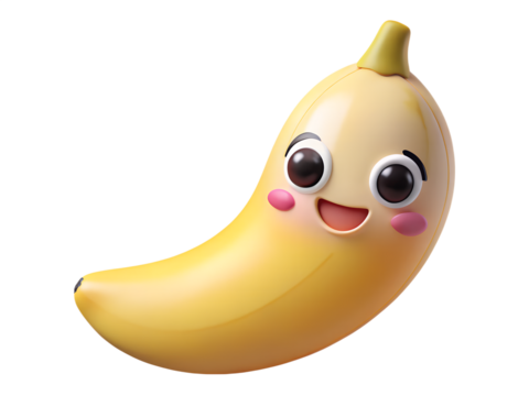 Charming banana character with rosy cheeks isolated on transparent background, a delightful and cheerful illustration