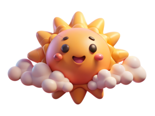 Adorable cartoon sun with a cheerful expression surrounded by fluffy clouds isolated on transparent background