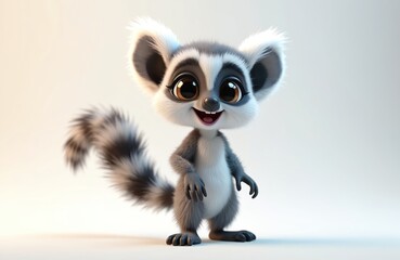 Obraz premium A cute cartoon lemur stands on white. Fluffy tail, big brown eyes and friendly smile. Playful mammal with striped tail. Adorable character illustration is great for kids books and product design.