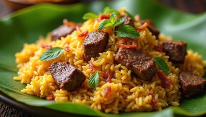 Delicious mutton biryani dish with fragrant rice meat and spices. Appetizing Indian cuisine with flavorful lamb serving on a plate. Traditional culinary meal prepared with herbs.