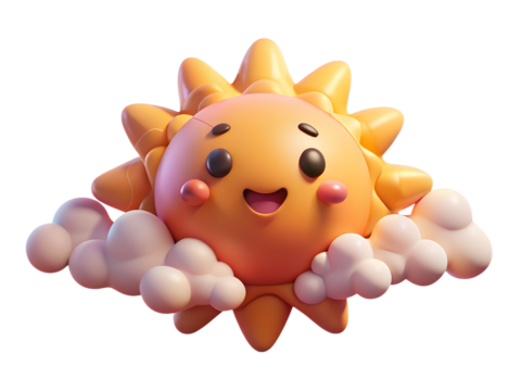 Adorable cartoon sun with a cheerful expression surrounded by fluffy clouds isolated on transparent background