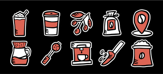 Coffee shop and brewing doodle sticker set: hand drawn icons of beans, drinks, machine, and barista tools for cafe, packaging, or menu design