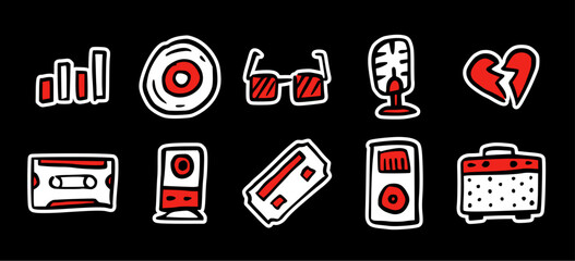 Music and audio doodle sticker set: hand drawn icons of vinyl, microphone, cassette, speaker, and broken heart for retro, pop, and party design