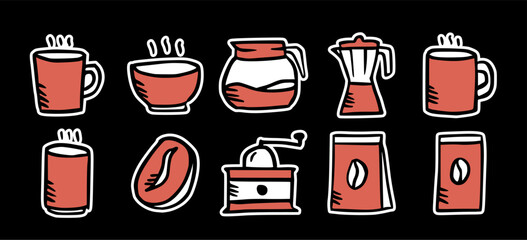Coffee brewing equipment doodle sticker set: hand drawn icons of mugs, pot, grinder, and beans for cafe, packaging, and digital menu design