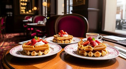 Delicious waffles with strawberries and cream served at a cafe for a gourmet breakfast