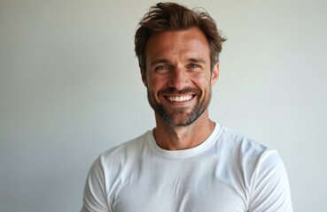 Smiling man in white t-shirt poses against clear light background. Happy middle aged male looks at camera. Portrait of mature guy with healthy skin, toothy smile. Confident man with grey hair posing.