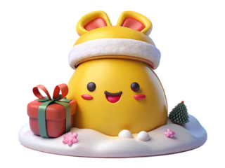 Cute yellow cartoon character with gift isolated on transparent background, spreading holiday cheer and festive joy